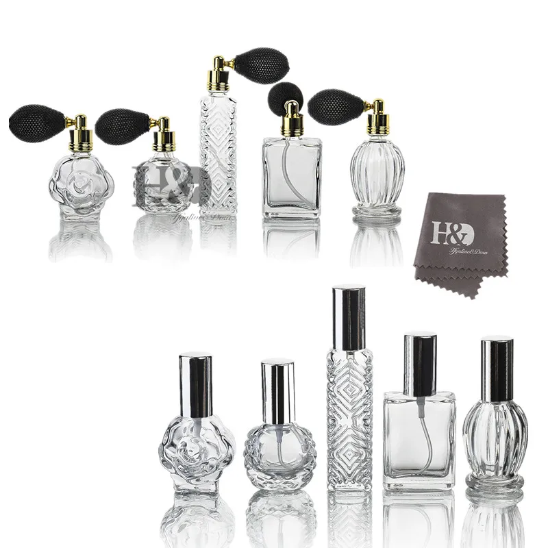 H&D 5pcs Vintage Portable Travel Refillable Perfume Bottles Glass Empty Spray Bottle Air Freshener Atomizer Cosmetic Containers