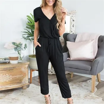 

Office Lady Womens Playsuit 2Color Deep V Neck Slim Solid Bodysuit Party Jumpsuit Romper Chiffon Long Wide Leg Trousers Clubwear