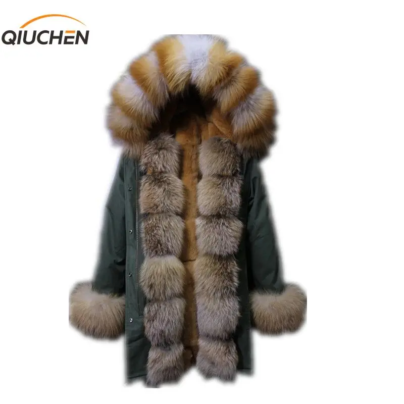 QIUCHEN PJ6009 бесплатная доставка парка из натурального меха кролика Рекс подкладка