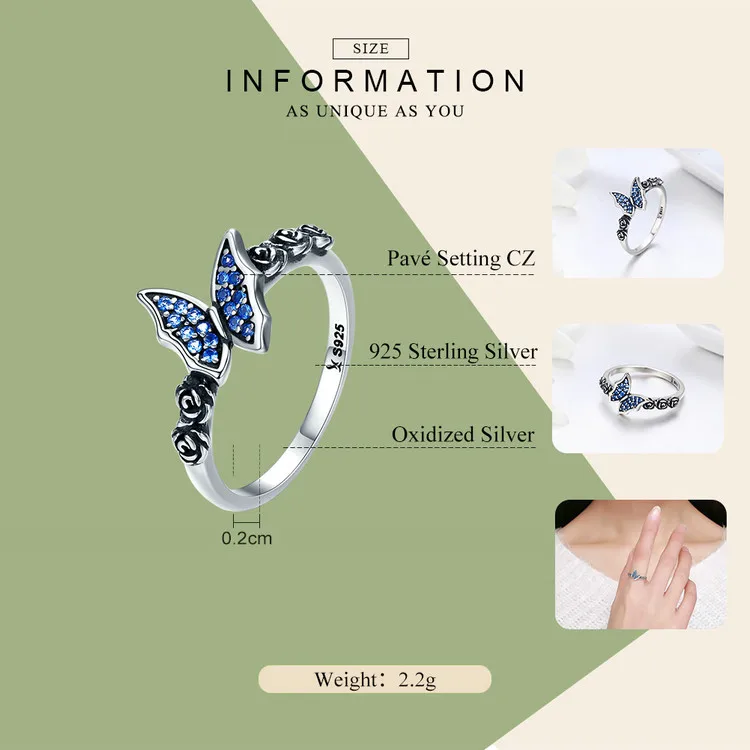 Spring Collection 925 Sterling Silver Butterfly& Flower Blue CZ Finger Rings for Women Sterling Silver Jewelry SCR285