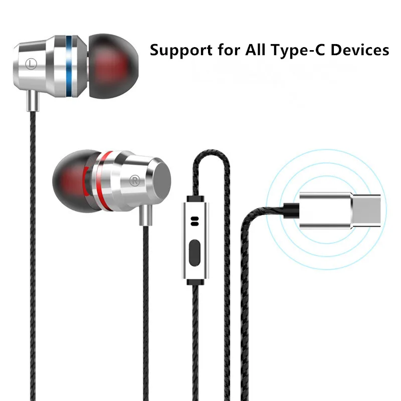 Fanshu In Ear Metal Earphones Type c Interface Stereo Noise Reduction Cancellation Outdoor Sports Wired Headset With Mic
