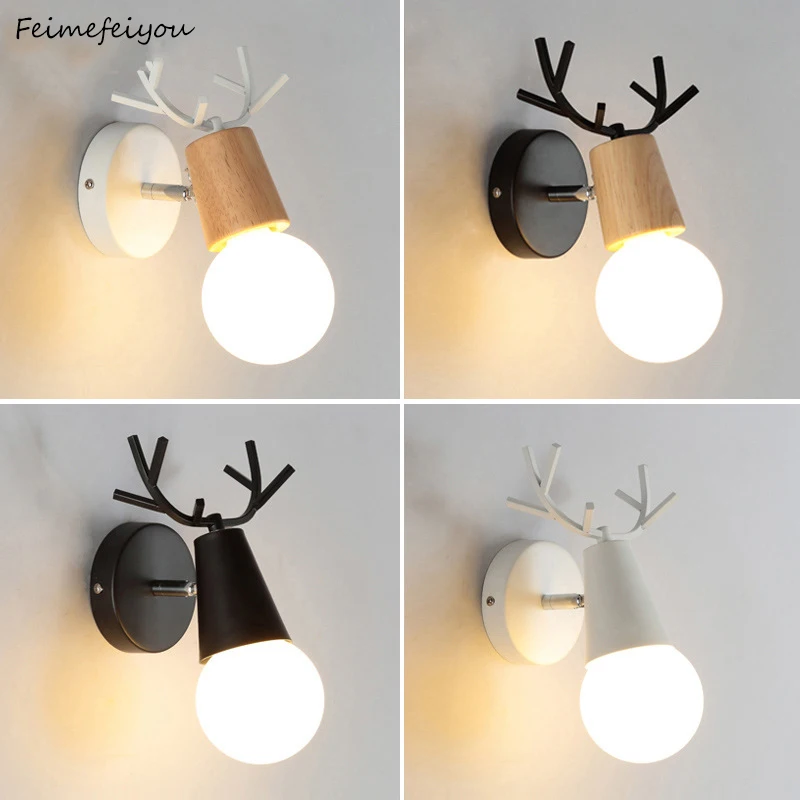 

Macaron wall lamp Nordic style creative bedroom wall simple modern bedside lamp antler wood wall lamp without bulb
