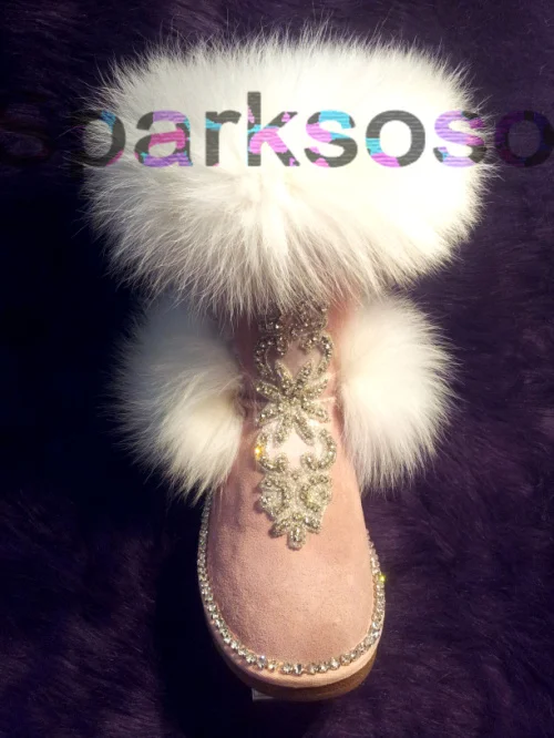 

Sp for ar ksoso handmade cowhide powder gem knee-high fox fur genuine leather elevator 7cm snow boots