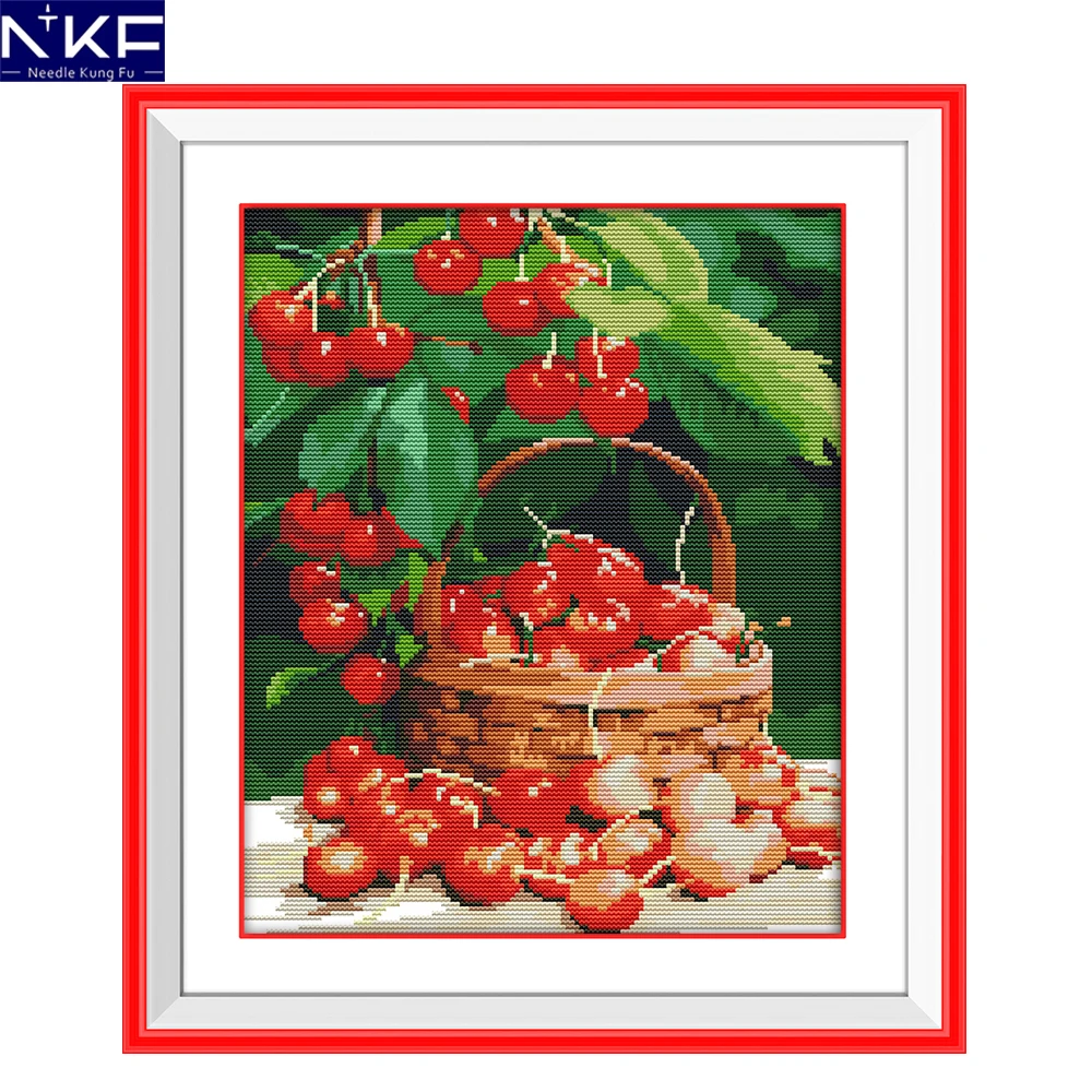 

NKF Fresh Cherries Cross Stitch Kit Embroidery Needlework Set DIY Handmade Chinese Cross Stitch Pattern for Christmas Decoration