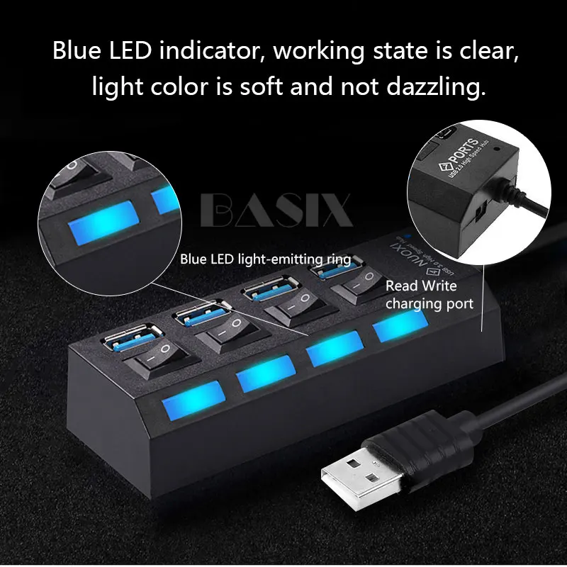 Basix USB 3,0 концентратор 4 Порты USB разветвитель с Мощность Порты и разъёмы адаптер usb-концентратор 2,0/3,0 с вкл/выкл переключатель для Windows 7/8/10 ноутбука концентратор