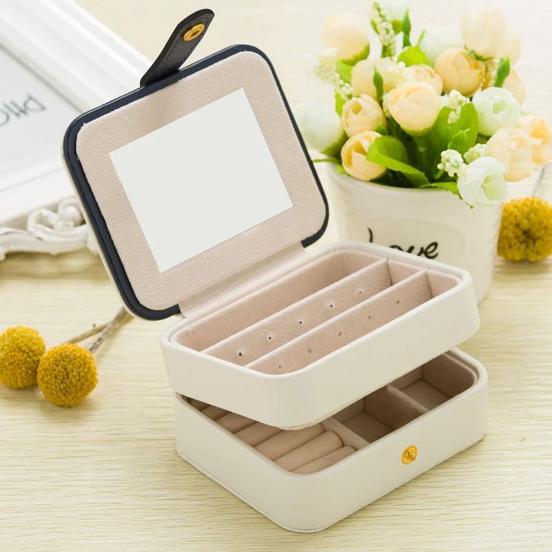 

B Fashion Cosmetic Leather Jewelry Box Necklace Ring Storage Case Organizer Display for traveling Display With Mirror PU Leather