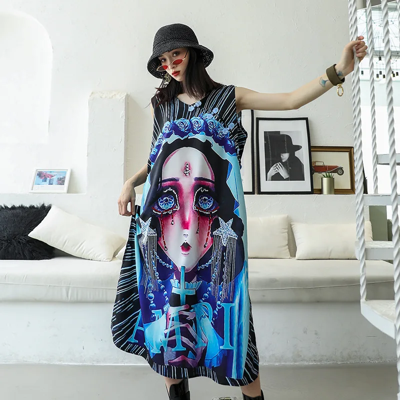 

Women Summer Sleeveless Vintage Cheongsam Print Tank Dress Female Streetwear Oversize Loose Casual Long Vest Dress A-line Dress