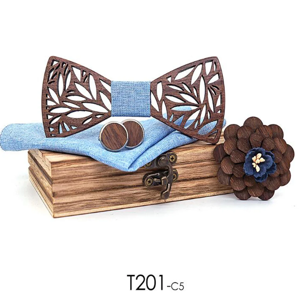 4 шт., мужские клетчатые галстуки-бабочки, деревянные выдалбливают, резные галстуки-бабочки, зажимы для галстука, носовой платок, набор, узкие качественные галстуки-бабочки, мужские галстуки - Цвет: Светло-голубой
