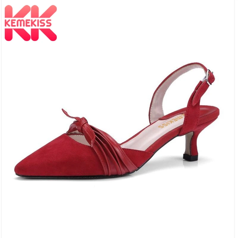 

KemeKiss Women Sandals Pointed Toe Slip On Thin Heel Real Leather Women Summer Shoes Bowknot Ornate Classics Party Size 34-39