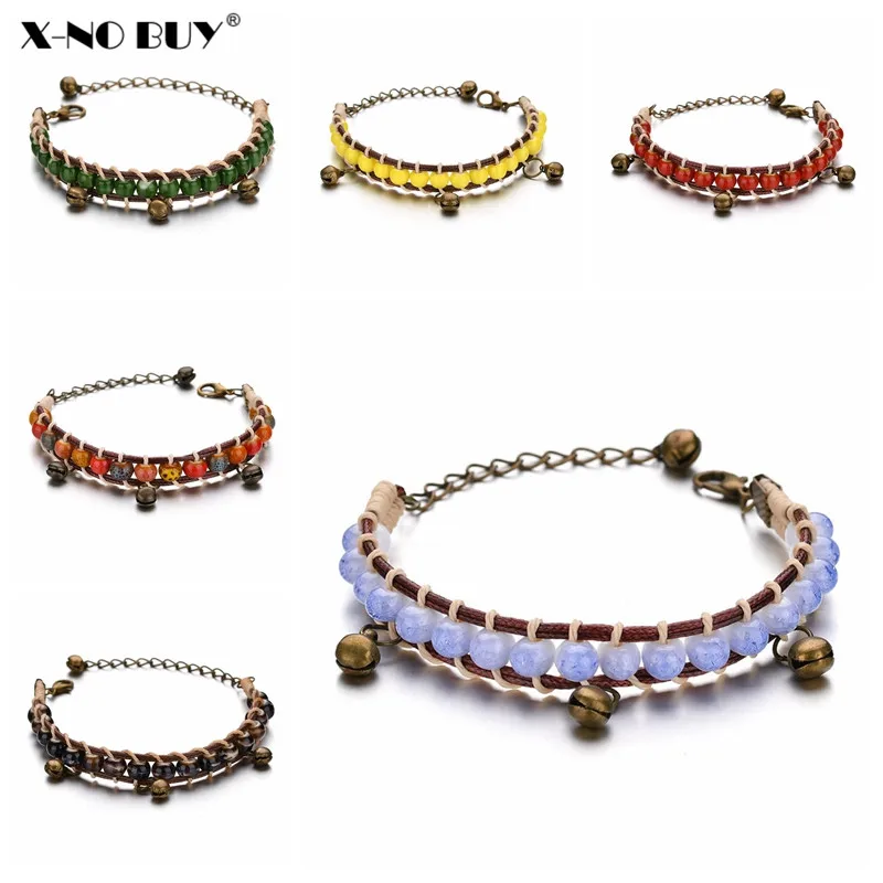

New Boho Charm Colorful Ceramics Beads Bracelet For Women Men Handmade Weave Alloy Metal Chains Bells Leather Bracelets Jewelry