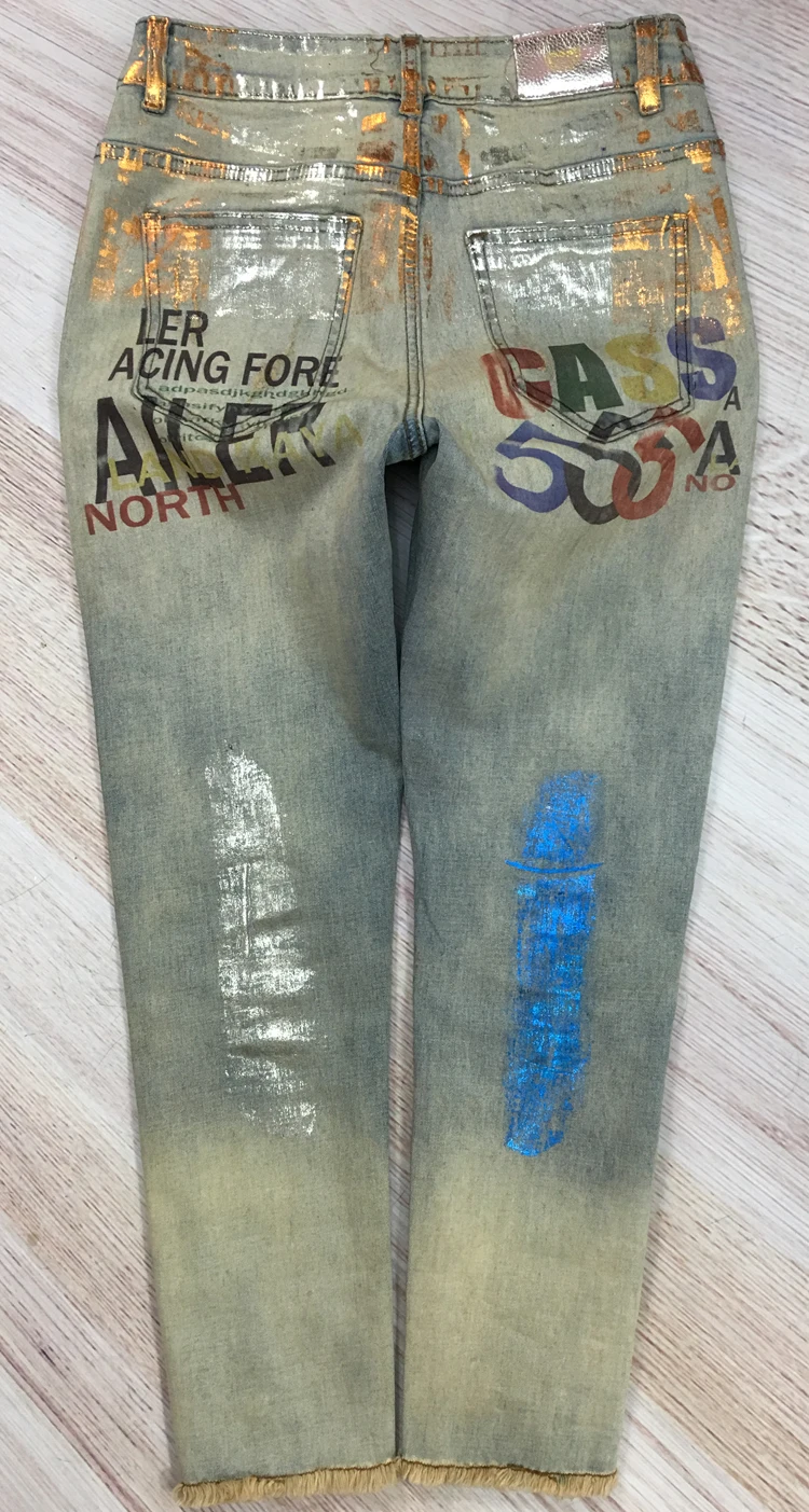 2018 New Hot Summer Fashion Bronzing Letter print Boyfriend Skinny Women Mujer Jeans Female Pencil Pants Vintage MN858