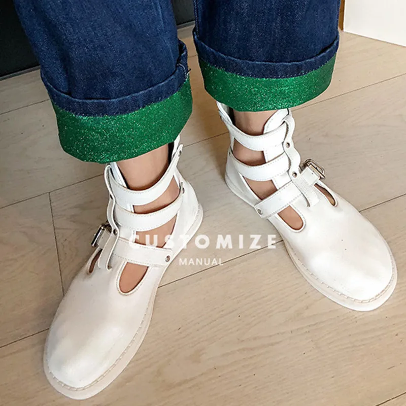 

Girl's Fashion White Soft Leather Round Toe Mary Janes Buckle Strappy Cut-outs Flats Casual Shoes Women