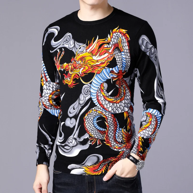Новинка, свитер с принтом дракона, мужской модный пуловер Erkek Kazak Sueter Hombre, приталенный Мужской пуловер, Мужская одежда, Chompas Hombre