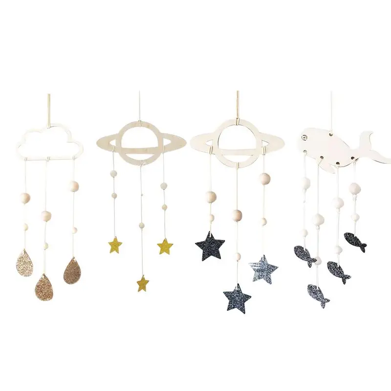 

Nordic Style natural wooden Hollow Clouds Raindrops Planet Wood Piece Hanging Curtains Children's Room Wall Decoration Ornaments