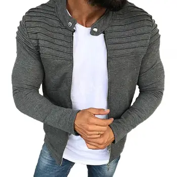 

New Men Casual Slim Fit Coat Solid Color Pleated Long Sleeve Zipper Baseball Jacket