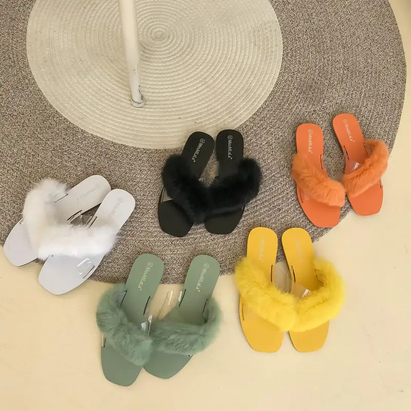 

Natural Rabbit Hair Women Fur Slides Flat Heel Slippers Cross-band Slip-on Lady Furry Shoes