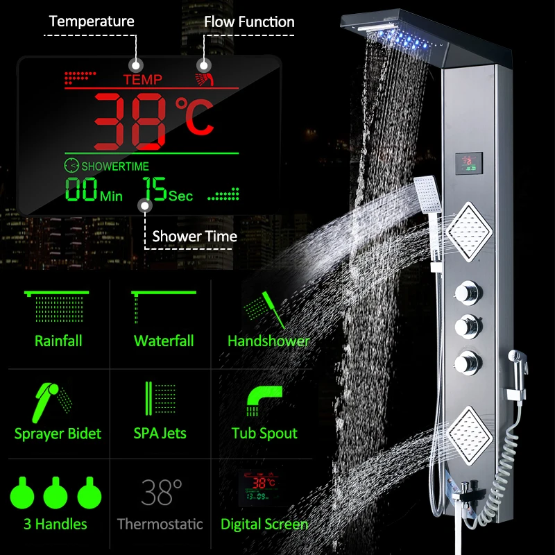 Quyanre, черный, серый, светодиодный, душевая панель, колонка, дождь, водопад, душевая головка, цифровой экран, темп, 3 ручки, смеситель, спрей, биде, Душ