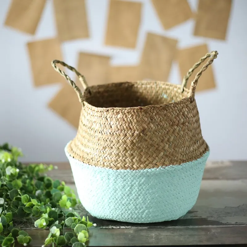 Garden Plant Flower Pot Handmade Rattan Storage Basket Foldable Seagrass Straw Hanging Woven Handle Toy Storage Container 1Pc