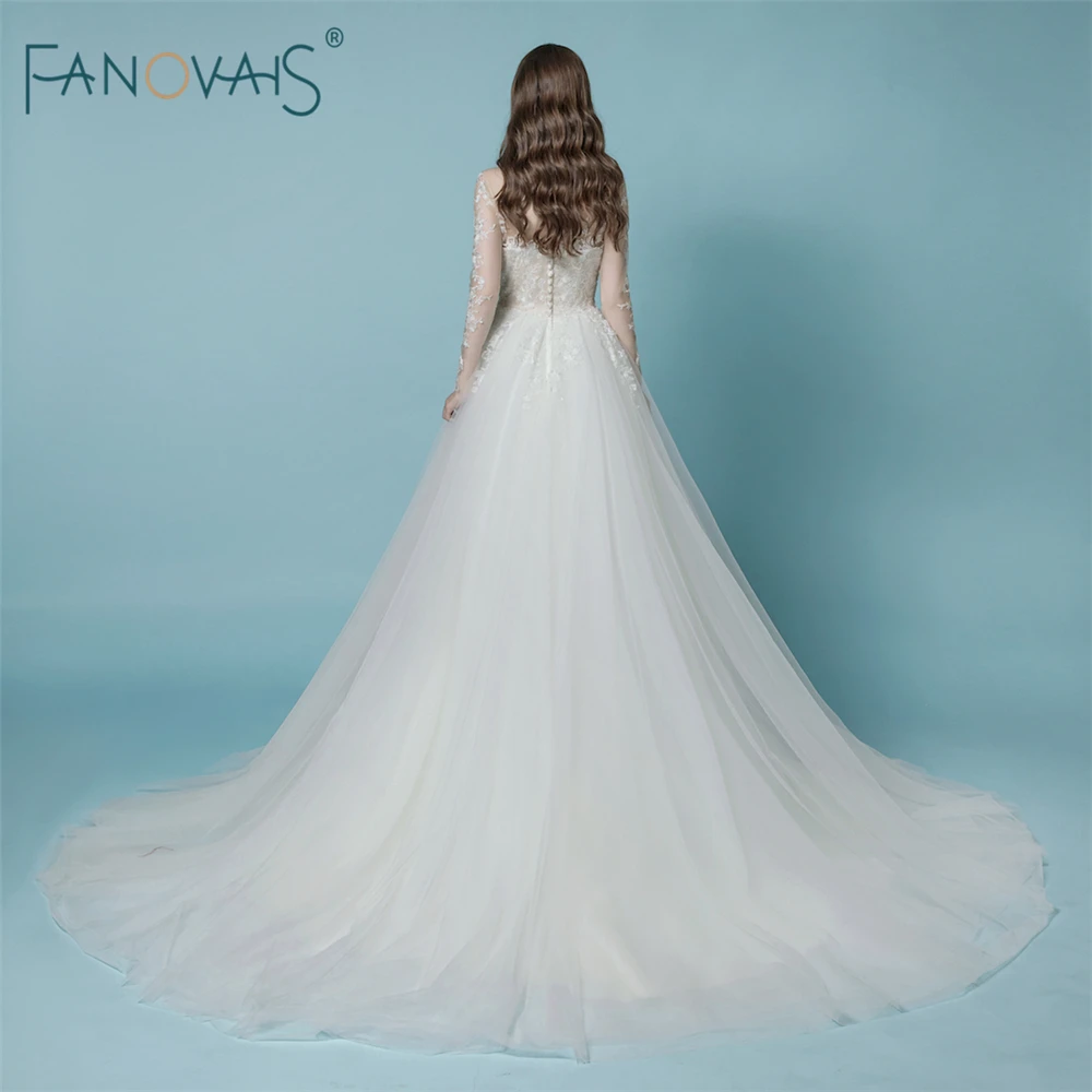Высокое качество Свадебные платья с длинными рукавами прозрачное кружевное свадебное платье Бохо фатиновое платье для свадьбы Vestido de Novia NW3