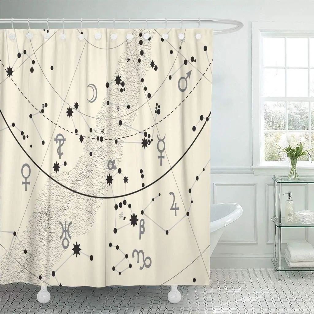 

Fabric Shower Curtain with Hooks Astrology Fragment of Astronomical Celestial Atlas Stars Heavens Planets Ancient Silver