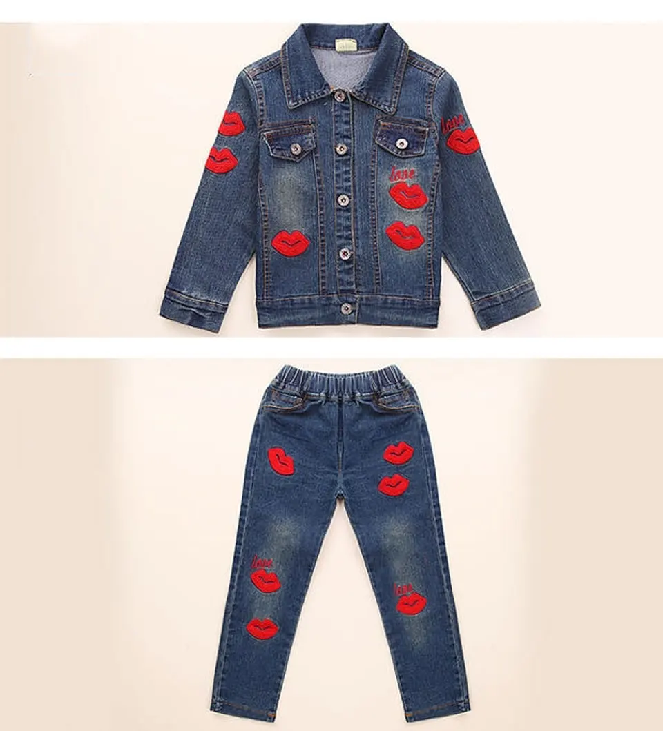 Осенняя джинсовая одежда для девочек, куртка с вышивкой+ джинсы, модный Детский костюм, Весенняя подростковая одежда для девочек 6, 8, 12 лет