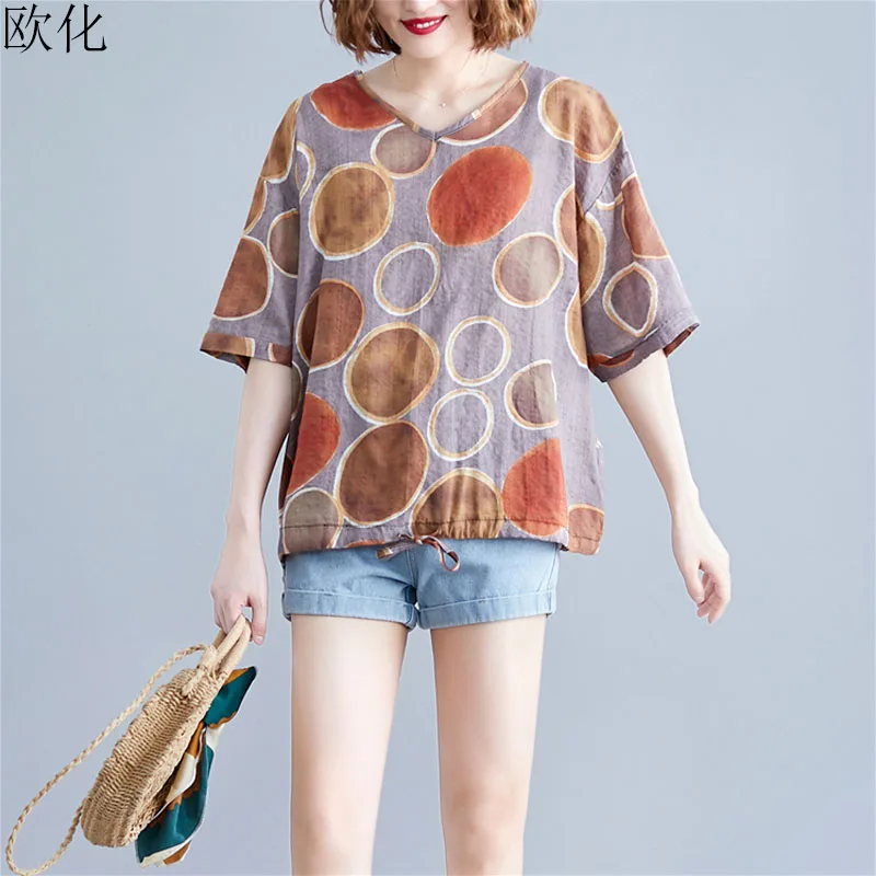 

Women T-Shirt Summer Plus Size Vintage Cotton Tee Shirt Female Basic Tops Fashion Casual Loose Linen V Neck Tshirt 4XL 2019 New