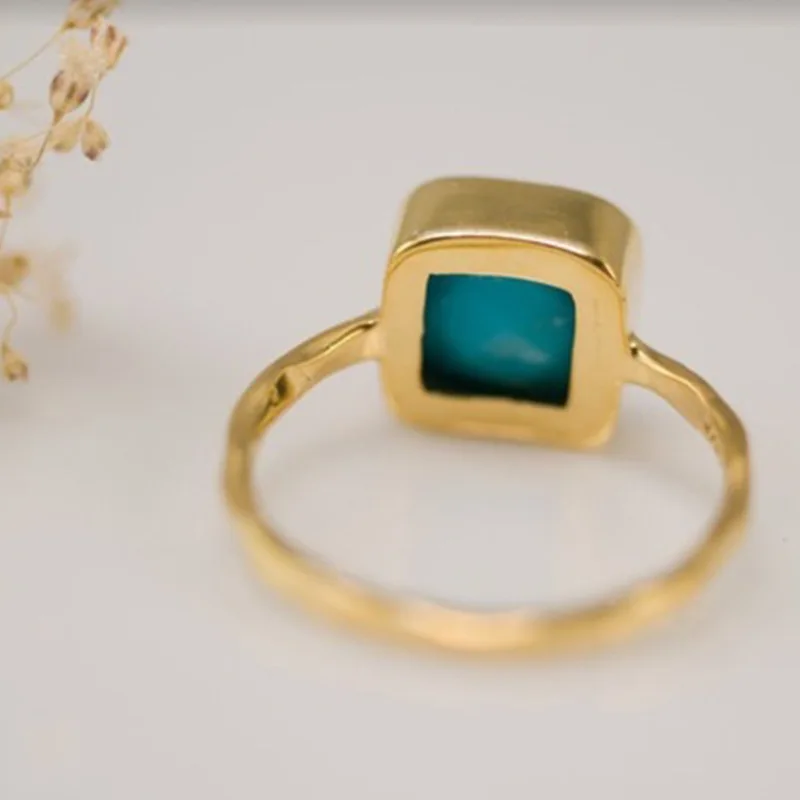 Vintage Natural Square Green Blue Stone Rings Bohemia Style Gold Color Rings Luxury Inlaid Stone Rings Party Jewelry For Women