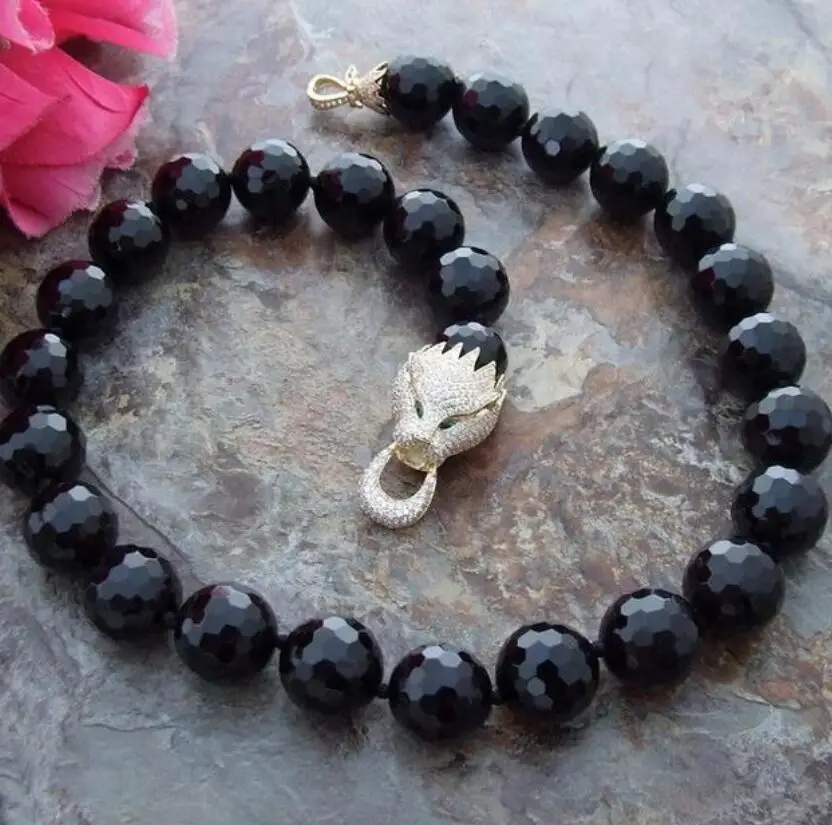 

beautiful 18MM natural Faceted black bead 19" Necklace CZ Clasp