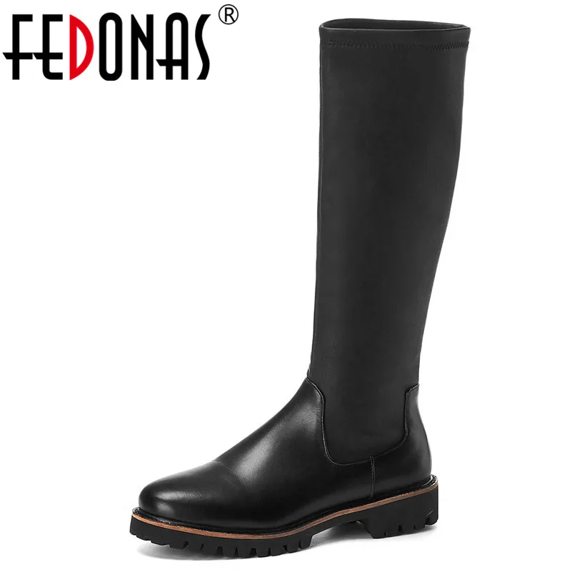 

FEDONAS 2019 Winter New Round Toe Low Heels Women Knee High Boots Black Genuine Leather Slip on Riding Boots Basic Party Shoes