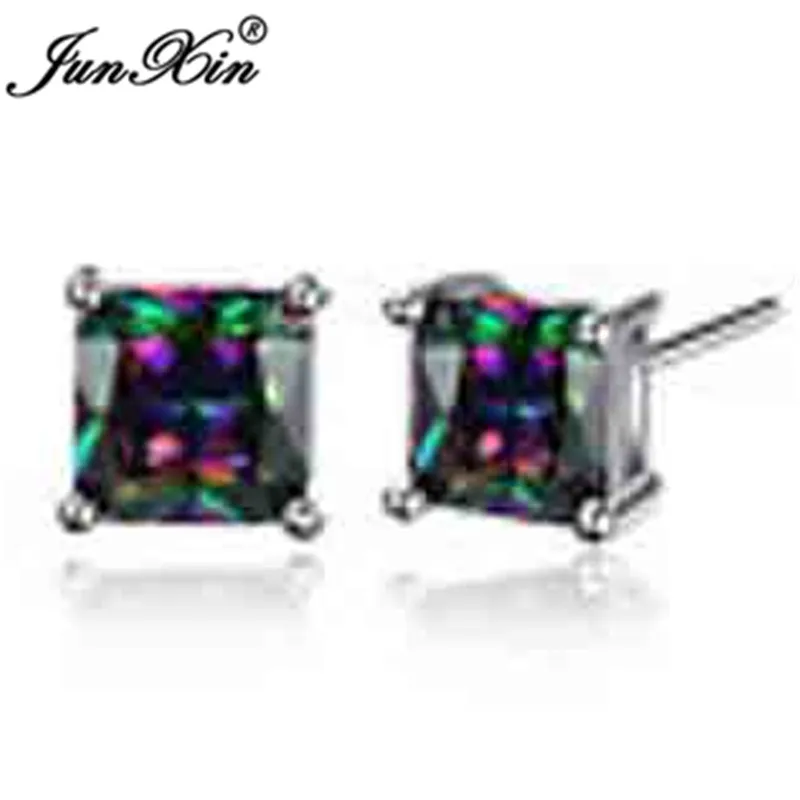JUNXIN Princess Cut Crystal Square Stud Earrings For Women Men White Gold Rose Gold Color Black CZ White Blue Fire Opal Earrings