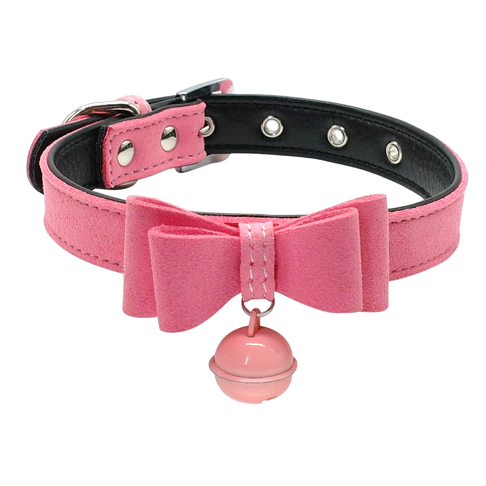 Собака кошка воротник внутренняя мягкий кожаный щенок маленький Воротники с колоколом и бантом розовый красные, черные для чихуахуа Йорки XXS XS размеры S и M - Цвет: Розовый