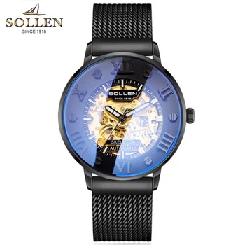 

Classic Black Gold Skeleton Mechanical Watches for Men Black Mesh Belt Transparent Case Waterproof Clock Male Relogio Masculino