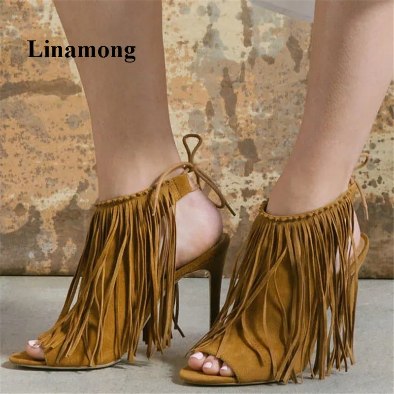 Summer Temperament Fringe Fashion Thin High Heels Women Sandals Confortable Flock Rear Elastic Strap Design Two color sandals alluring spaghetti strap fringe design pure color dress for women