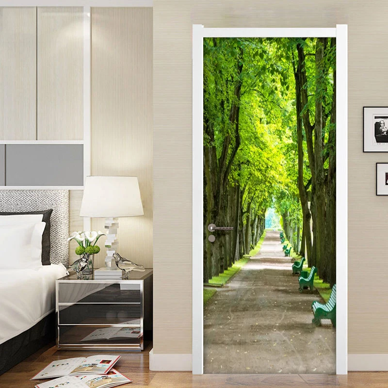 Creative 3D Door Sticker Green Trees Waterproof Living Room Bedroom Door Renovation Mural Self-Adhesive Home Decor Wall Decals