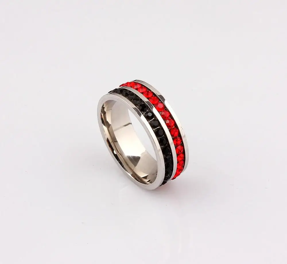 

QianBei316L Silver 2Row Red Black CZ Inlay Stainless Steel Rings Wedding Bridal Valentine Fashion Jewelry 17-21MM