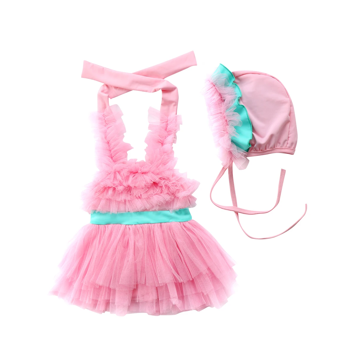 

2Pcs Toddler Kids Baby Girl Halter Lace Floral Swimming Dress Swimming Hats Swimwear Swimsuit Beachwear Bather Suit