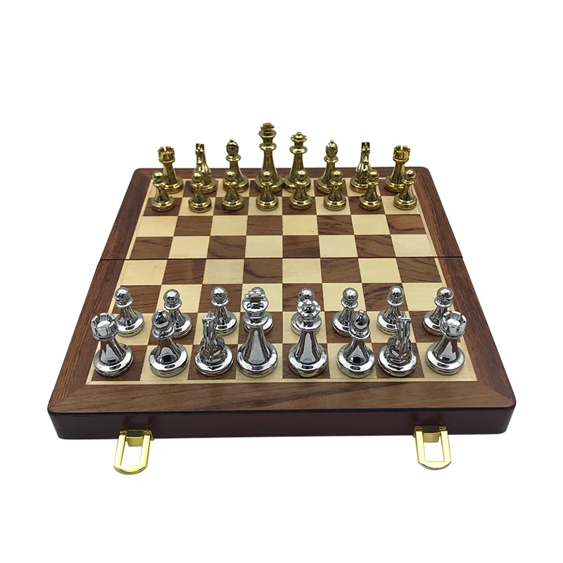 Easytoday Metal Glossy Golden And Silver Chess Pieces Solid Wooden Folding Chess Board High Grade Professional Games Set