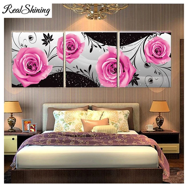 

3pcs/set diamond embroidery"pink roses flowers"5d diy diamond painting picture of rhinestones,mosaic cross-stitch FS3768