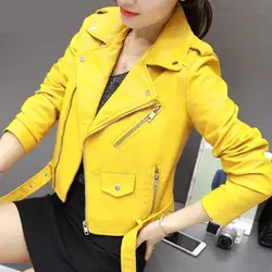 Из искусственной кожи Куртка женская мода яркие цвета желтый мотоциклетное Пальто короткие искусственная кожа застежка байкерская куртка