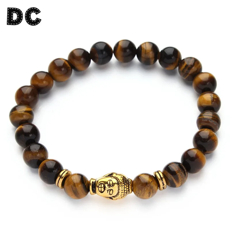 

DC 1Pcs Antique Gold Silver Color Buddha Head Charms Yellow Eye Bead Created 8mm Beads Bracelets Jewelry for Men Women