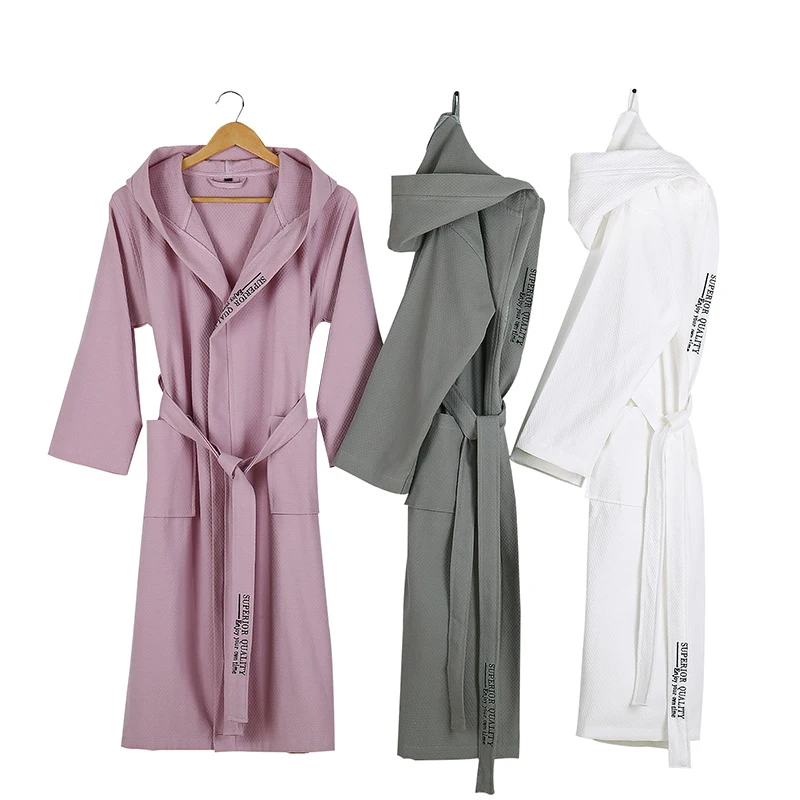 

Lovers Summer Waffle Bathrobes Men Hooded 100% Cotton Suck Water Kimono Nightgowns Plus Size XXL Spa Bath Robe Spring Autumn