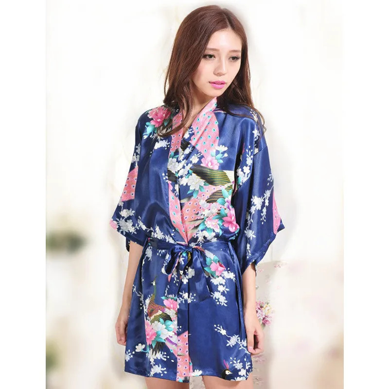 

Japanese Style Plus Size XXXL Navy Blue women Silk Rayon Robe Kimono Night Gown Printed Peacock Sleepwear pijamas mujer