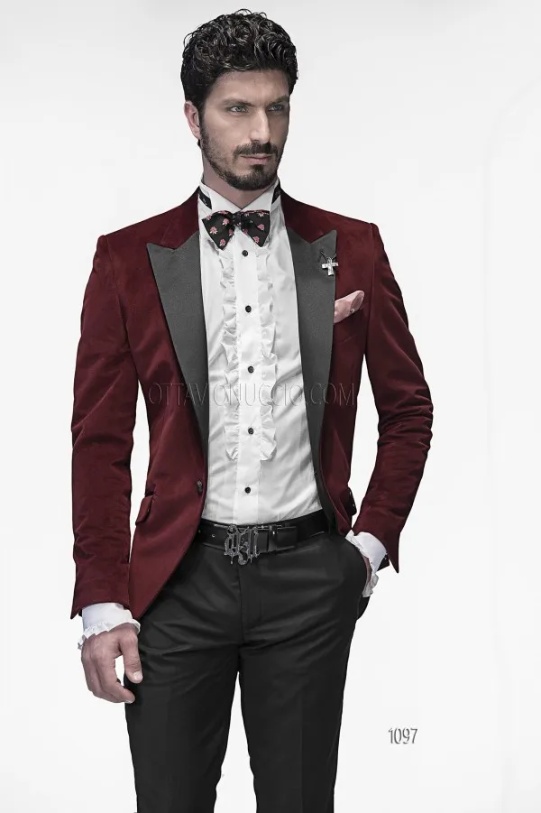 Latest Coat Pant Designs Velvet Burgundy And Black Peaked Lapel Formal Groom Custom Suit 2 