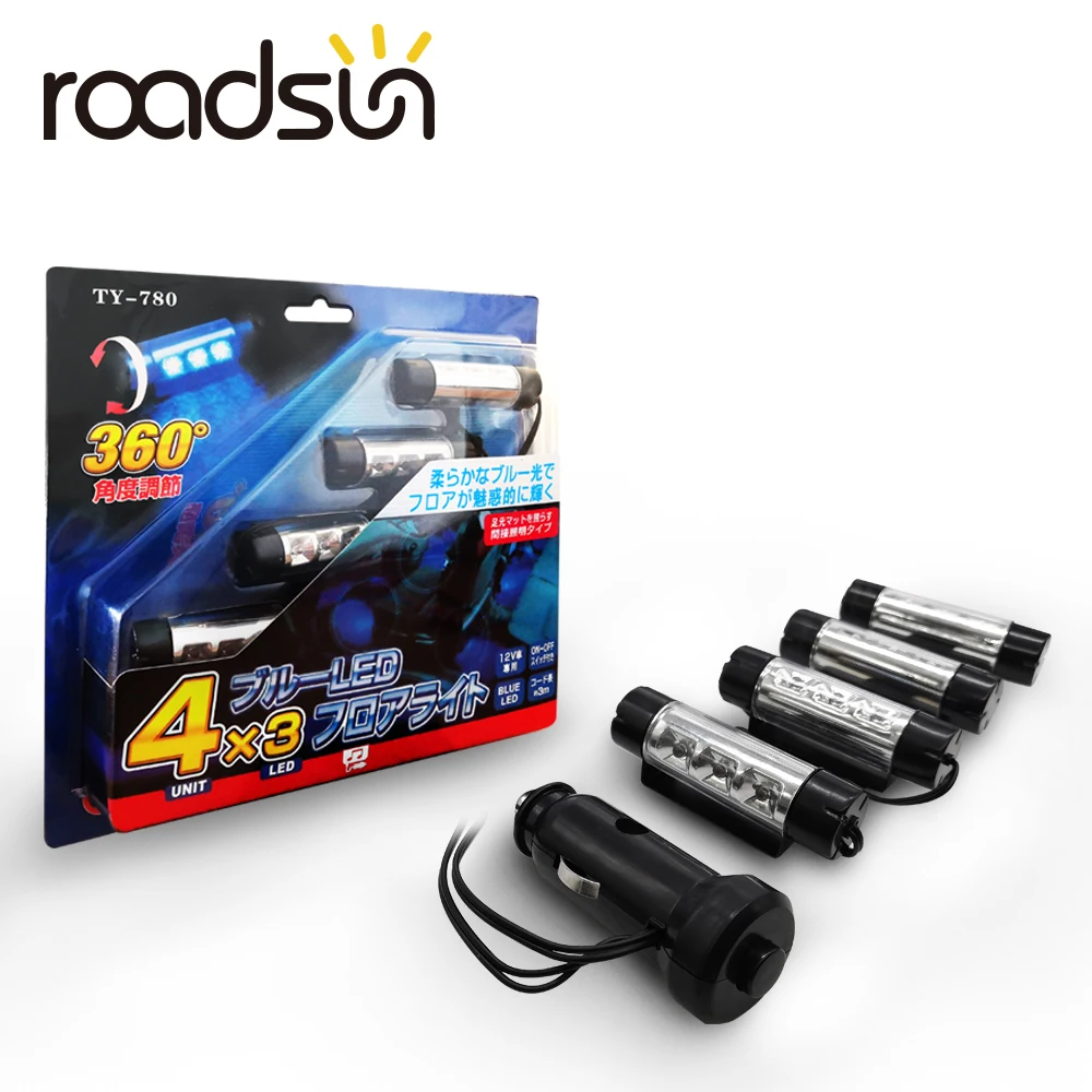 

roadsun Car Styling 4x3 Led Car Atmosphere Glow Blue Interior Lights 6W 12V Led 4in1 Auto Decorative Inside Foot Courtesy Lamp