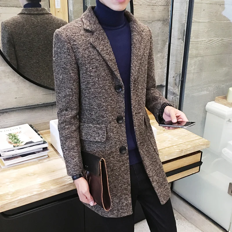 

Autumn Winter Long Trench Men's Slim Fashion Woolen Coat Jacket Men's Suit Collar New Casual Trench Woolen Coat Size M-2XL