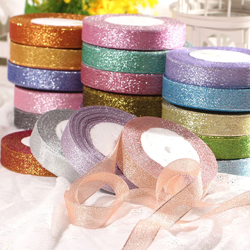2.5 cm x 25 yards Glitter Nylon Satin Ribbons For Party Home Wedding Decoration Gift Wrapping Christmas New Year DIY Material 8z