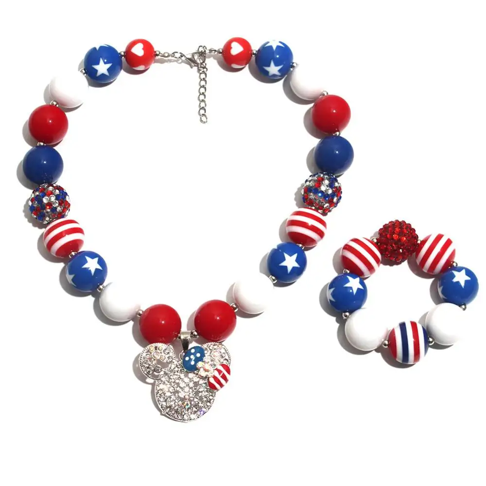 

Kid Chunky Necklace 4th July Girls Children Bubblegom Bead Chunky Necklace 2PCS Newest Fashion Toddler Kids Jewelry NL019