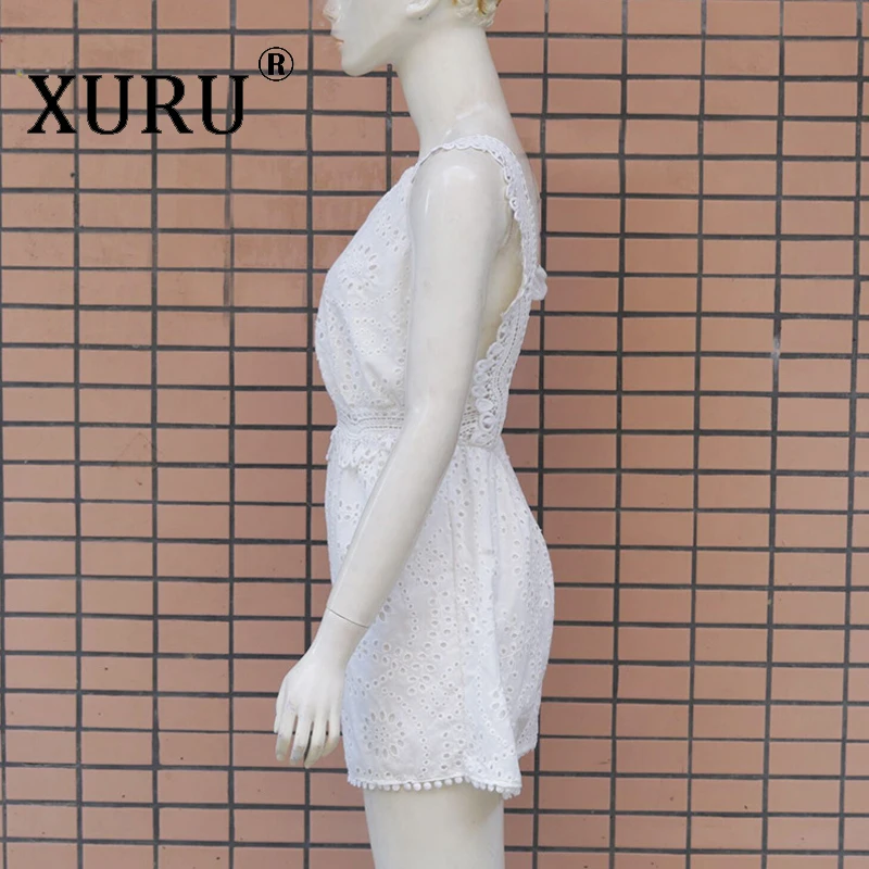 XURU new embroidered lace jumpsuit stitching fashion backless V-neck white jumpsuit XURU new embroidered lace jumpsuit stitching fashion backless V-neck white jumpsuit