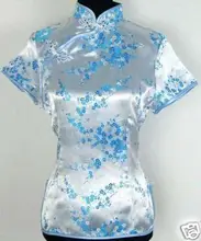New Fashion Light Blue Ladies’ Satin Shirt Tops Short Sleeve Flower Blouse Chinese Vintage Tang Suit Size S M L XL XXL J002-C