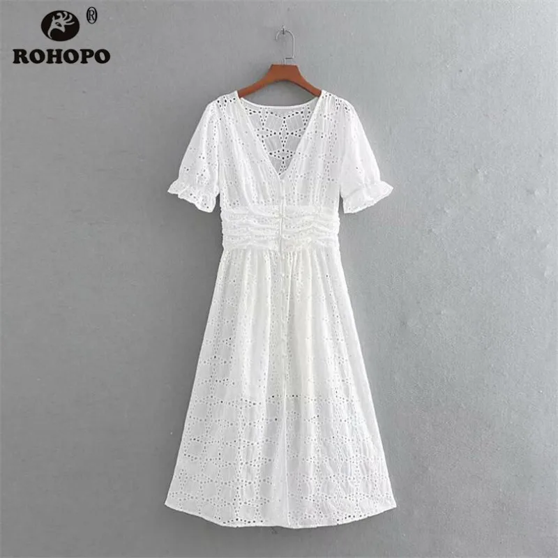 ROHOPO Summer Cotton White Pleated Dress Hollow Preppy Girl Cute Tunic Lace Buttons Fly Maxi Dress Embroidery Floral #CW9071